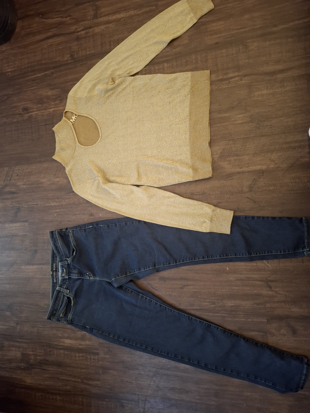 Michael Kors Metallic Mock Neck Womens Top W/ MK Izzy Skinny Jeans